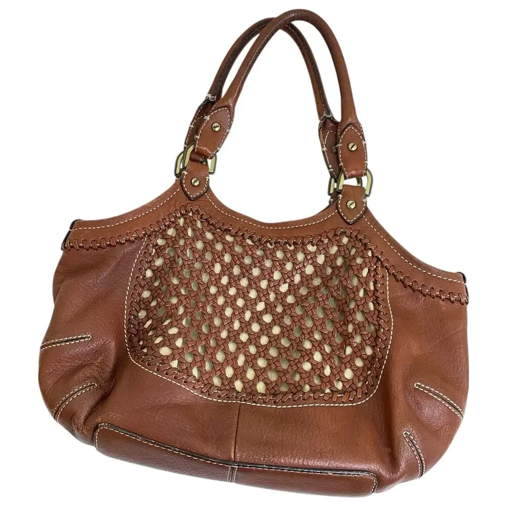 Cole Haan Paige Brown Crochet Woven Leather Double Handle Hobo Bag Purse